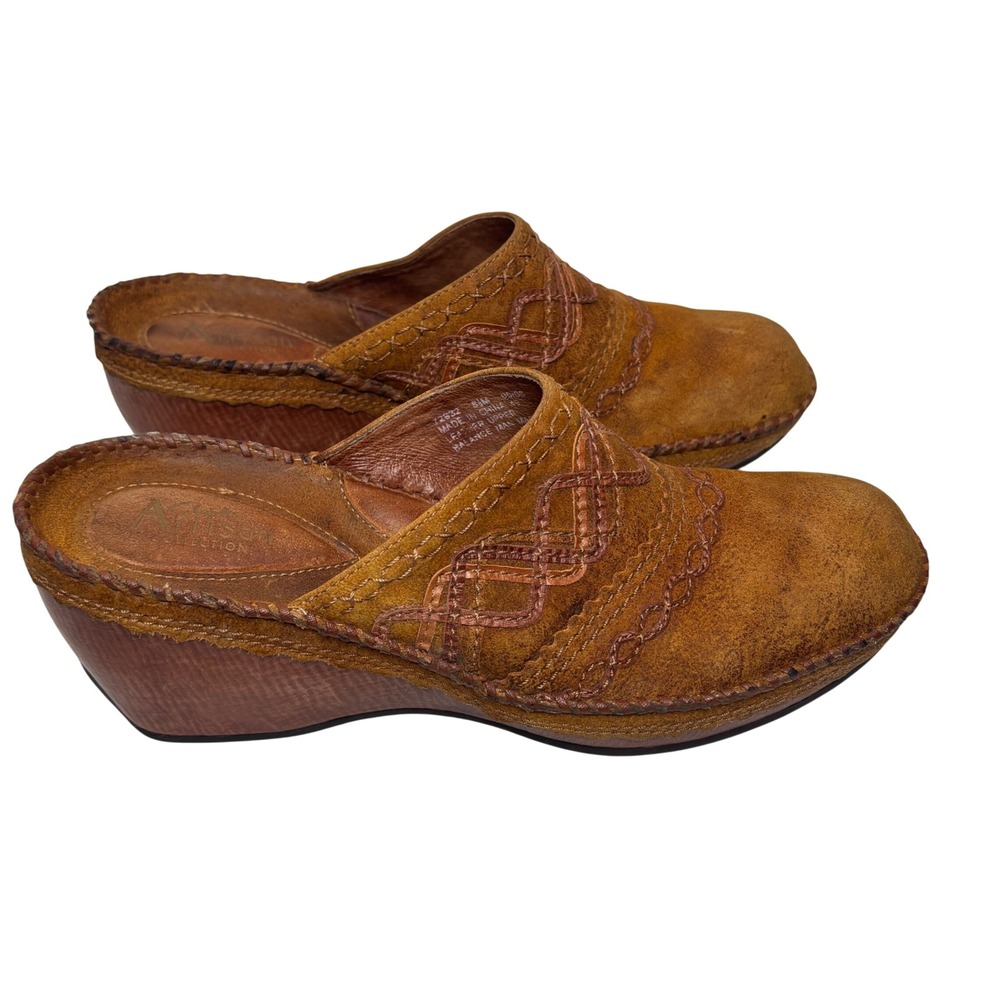 Clarks Boho‎ Clogs Brown Leather Suede Wedge Mules Hippie Western Comfort Sz 8.5